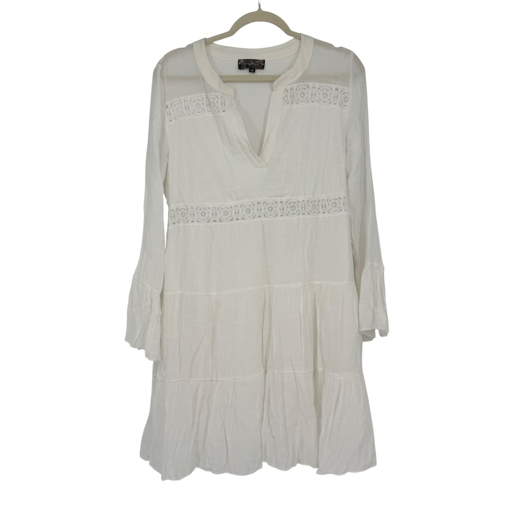 J. Gee Womens XL White Boho Tiered Mini‎ Dress Lace Inset Bell Sleeve V-Neck